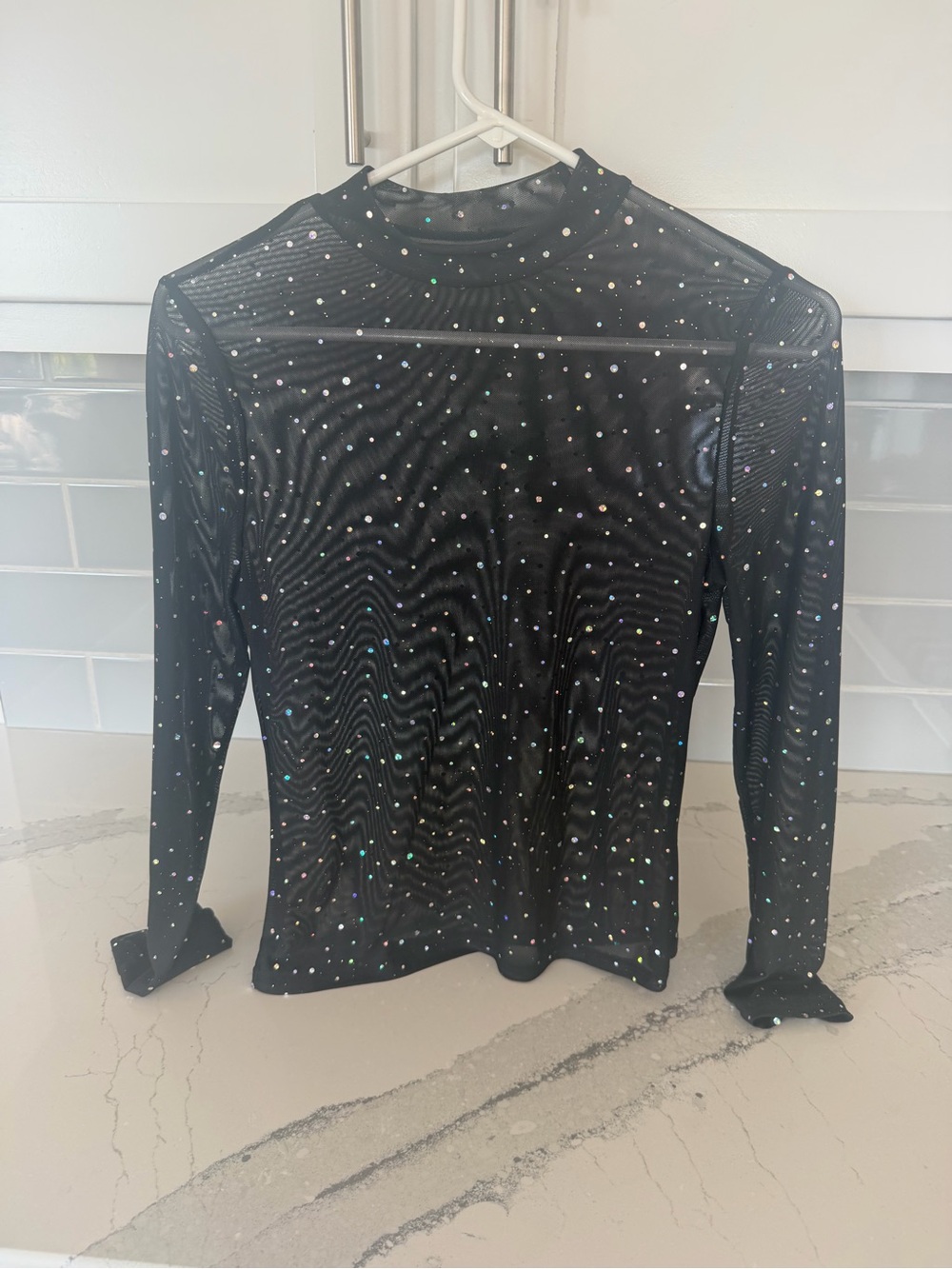 SHEIN Black Long-Sleeve Mesh Top with Iridescent Studs